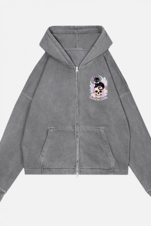 Cursed but Cuddly Skull Cat Retro Graphic Zip Hoodie