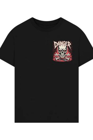 Danger Flaming Skull with Fire and Warning Typography T-Shirt