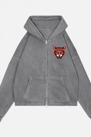 Dogokhan Tiger Head Retro Graphic Design Zip Hoodie