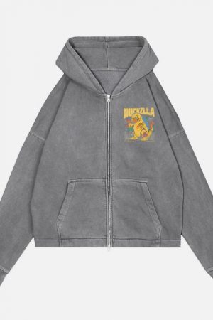 Duckzilla Monster Duck Retro Cartoon Design Zip Hoodie