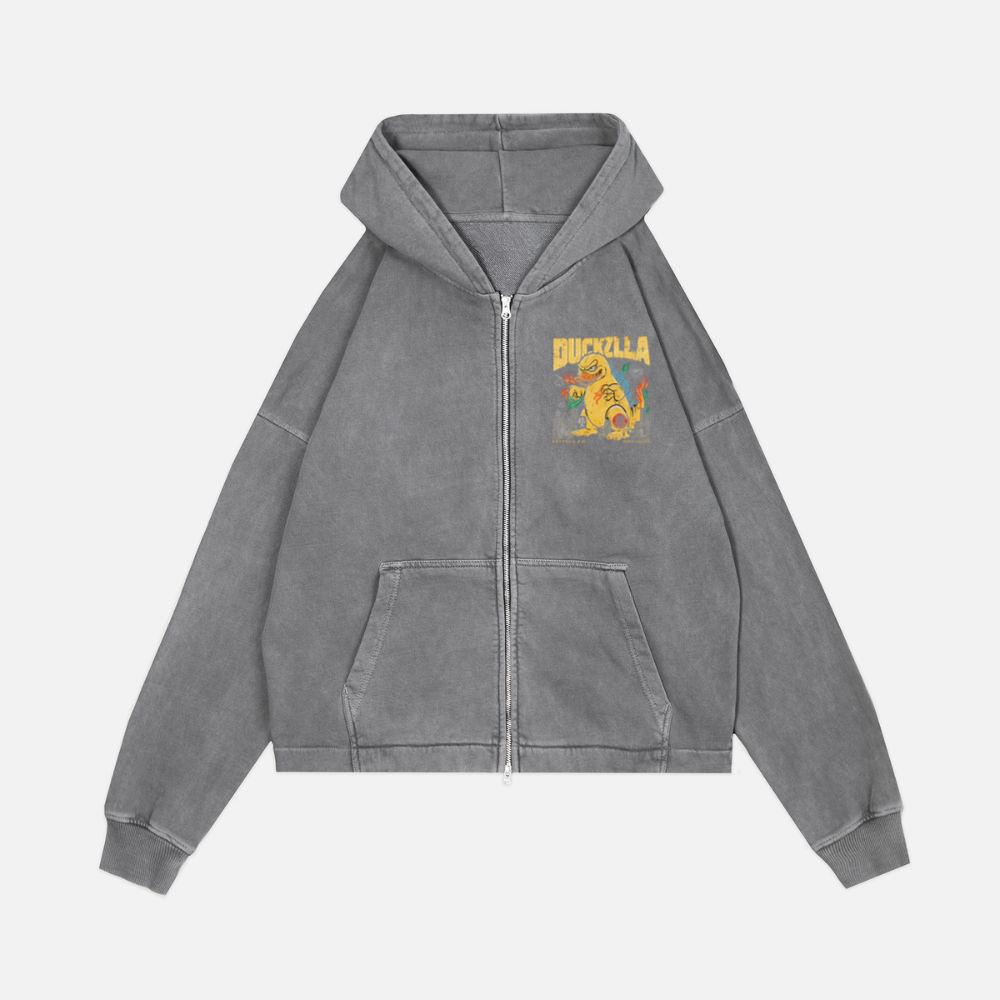 Duckzilla Monster Duck Retro Cartoon Design Zip Hoodie
