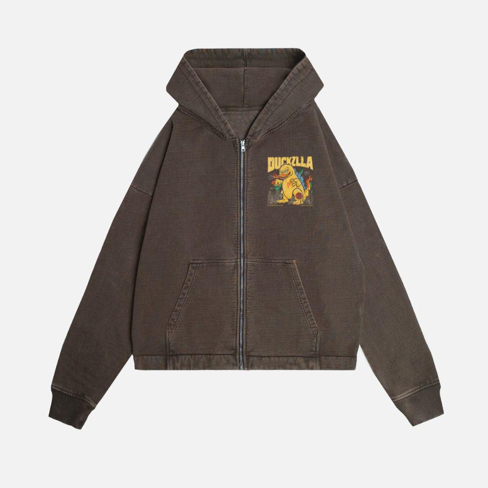 Duckzilla Monster Duck Retro Cartoon Design Zip Hoodie - Image 2