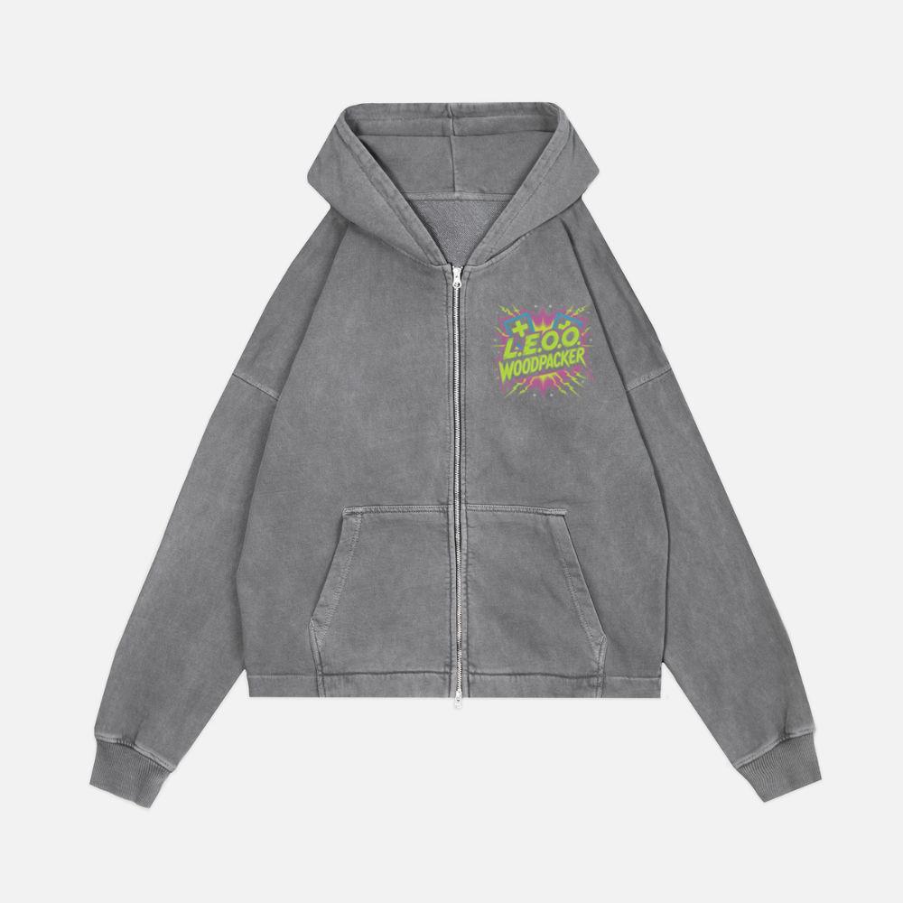 LEOO Woodpacker Retro Neon Text Design Zip Hoodie