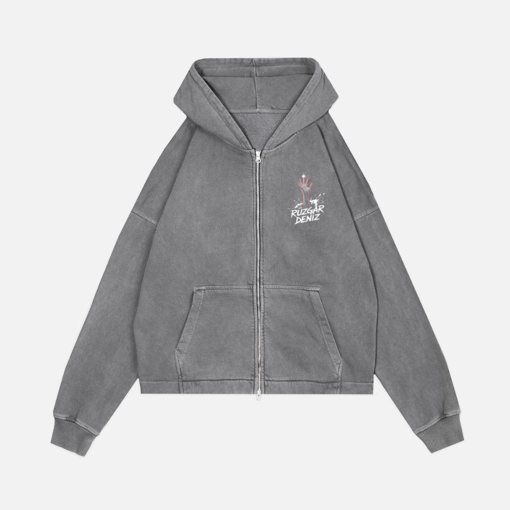 Ruzgar Deniz Rock Hand Retro Graphic Zip Hoodie