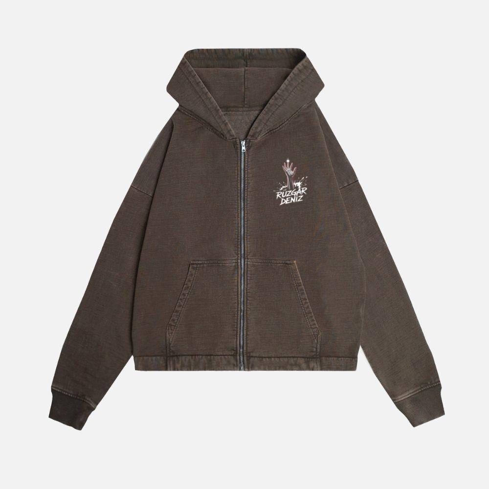 Ruzgar Deniz Rock Hand Retro Graphic Zip Hoodie - Image 2