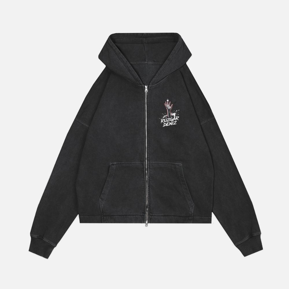 Ruzgar Deniz Rock Hand Retro Graphic Zip Hoodie - Image 3