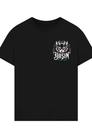 Yasin Evil Cat with Horns and Glowing Red Eyes Artwork T-Shirt